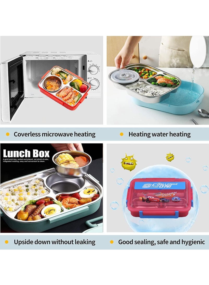 Kids Lunch Box with Tableware,Customed for Kids Cartoon Bento Lunch Box，1100ml 4 compartment Insulated Lunch Box for Children | Leakproof | BFA Free | Dishwasher | Stainless Steel 26x20x7cm (Cars)