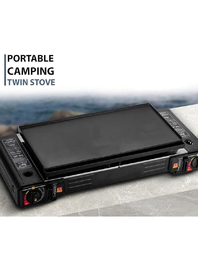 Butane Gas Stove Double Burner Camping Stove Two-Way Portable Stove With Butane Gas Cartridge Supported And Carrying Case Stainless Steel-Dual Burner With Grill Plate For Outdoor Travel Picnic Cooker Camp Stove