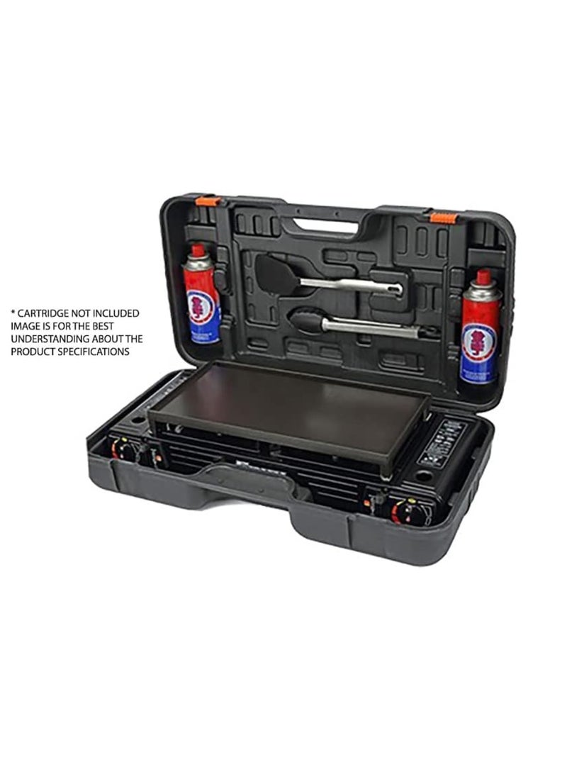 Butane Gas Stove Double Burner Camping Stove Two-Way Portable Stove With Butane Gas Cartridge Supported And Carrying Case Stainless Steel-Dual Burner With Grill Plate For Outdoor Travel Picnic Cooker Camp Stove