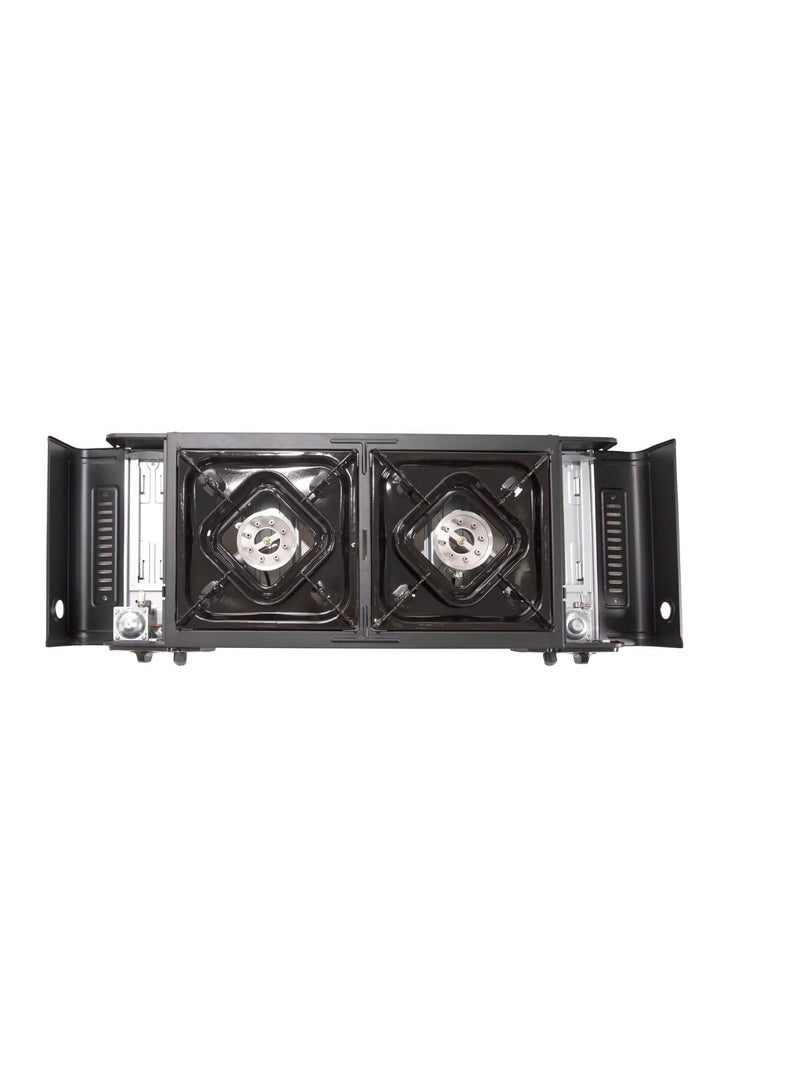 Butane Gas Stove Double Burner Camping Stove Two-Way Portable Stove With Butane Gas Cartridge Supported And Carrying Case Stainless Steel-Dual Burner With Grill Plate For Outdoor Travel Picnic Cooker Camp Stove