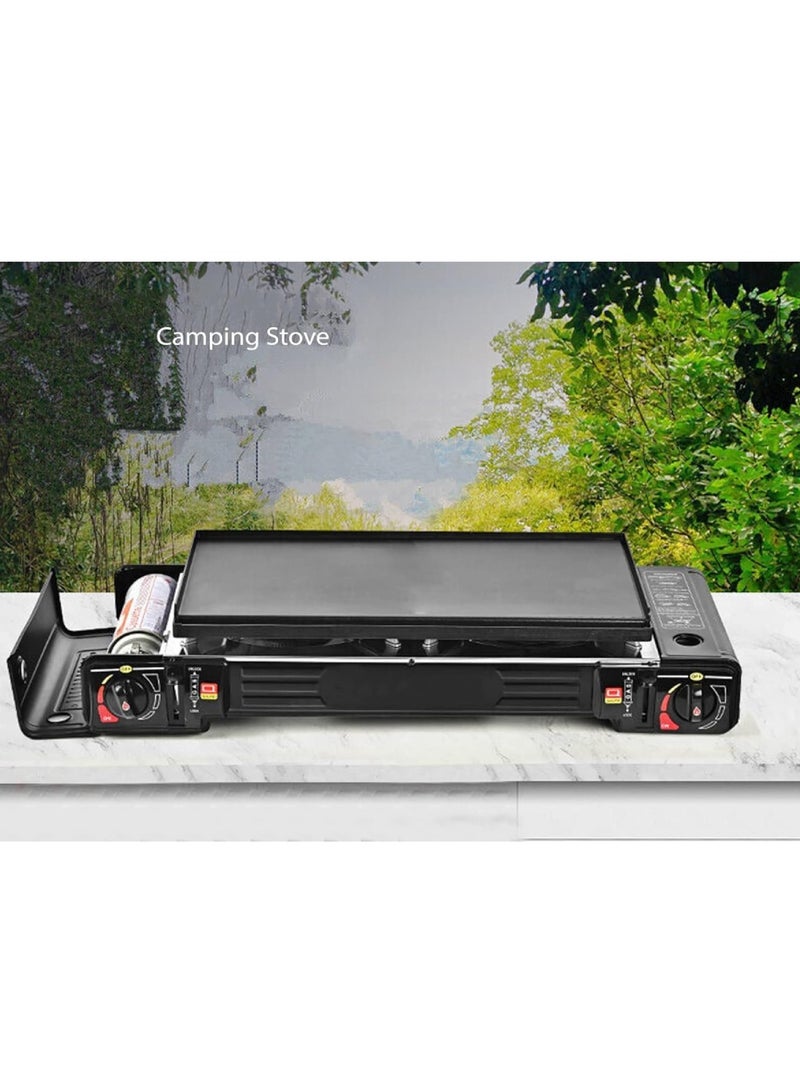 Butane Gas Stove Double Burner Camping Stove Two-Way Portable Stove With Butane Gas Cartridge Supported And Carrying Case Stainless Steel-Dual Burner With Grill Plate For Outdoor Travel Picnic Cooker Camp Stove