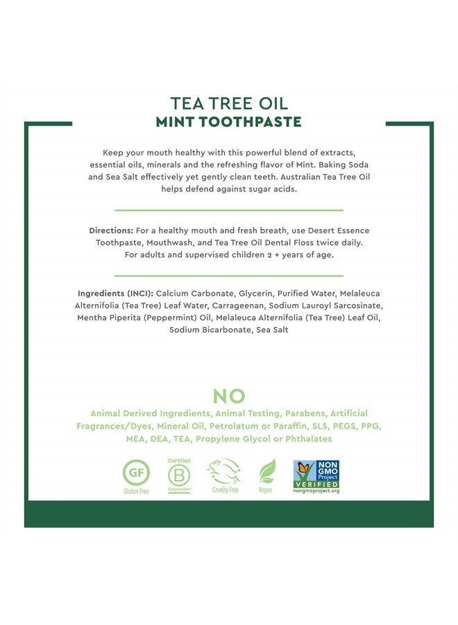 Tea Tree Oil Toothpaste - Mint - 6.25 Oz - Refreshing Taste - Deep Cleans Teeth & Gums - Helps Fight Plaque - Sea Salt - Pure Essential Oil - Baking Soda - Promotes Healthy Mouth