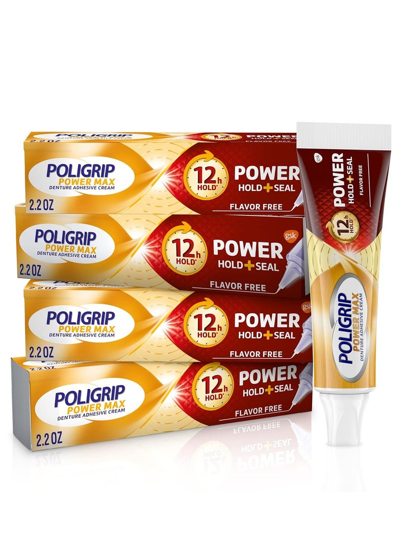 Super Poligrip Power Max Power Hold plus Seal Denture Adhesive Cream, Denture Cream for Secure Hold and Food Seal, Flavor Free - 2.2 oz (Pack of 4)