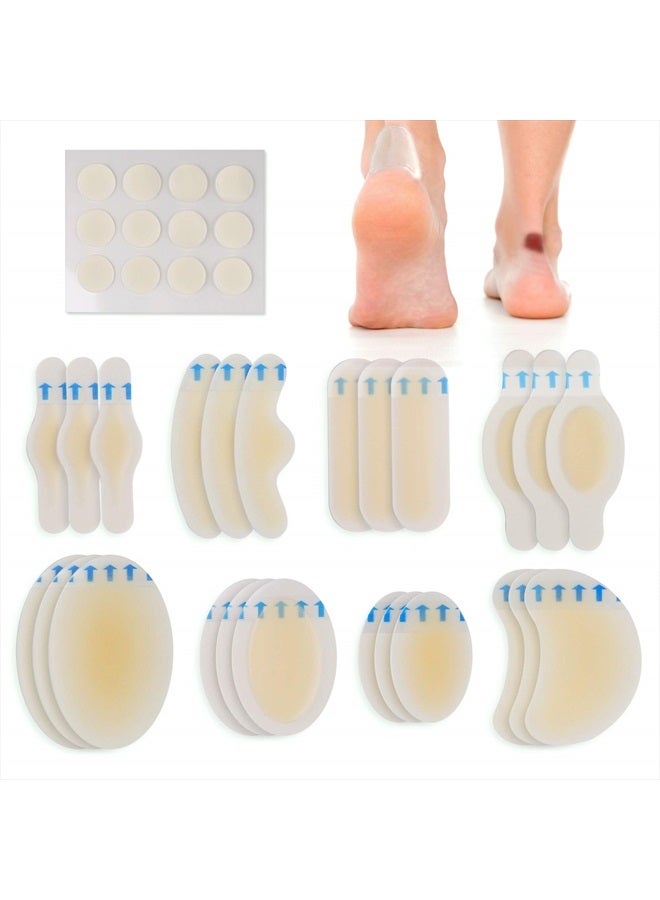 Blister Bandages, 24PCS Blister Pads and 12 Dots Acne Plaster, Gel Blister Cushion - 8 Size Waterproof Hydrocolloid Seal Adhesive Bandages for Foot, Toe, Heel Blister Prevention & Recovery