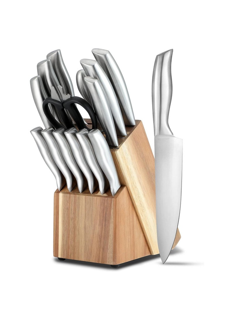 15-Piece Premium Kitchen Knife Set With Wooden Block, High Carbon Stainless Steel Knife Set, One-piece Dishwasher Safe Kitchen Knives Set, Self-sharpening, Ergonomic Handle