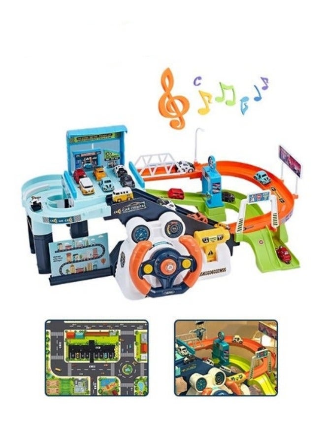 Electric Steering Wheel Garage Toy Set with Music Car Vehicle Building Parking Lot Race Tracks for Kids with 4 Random Cars