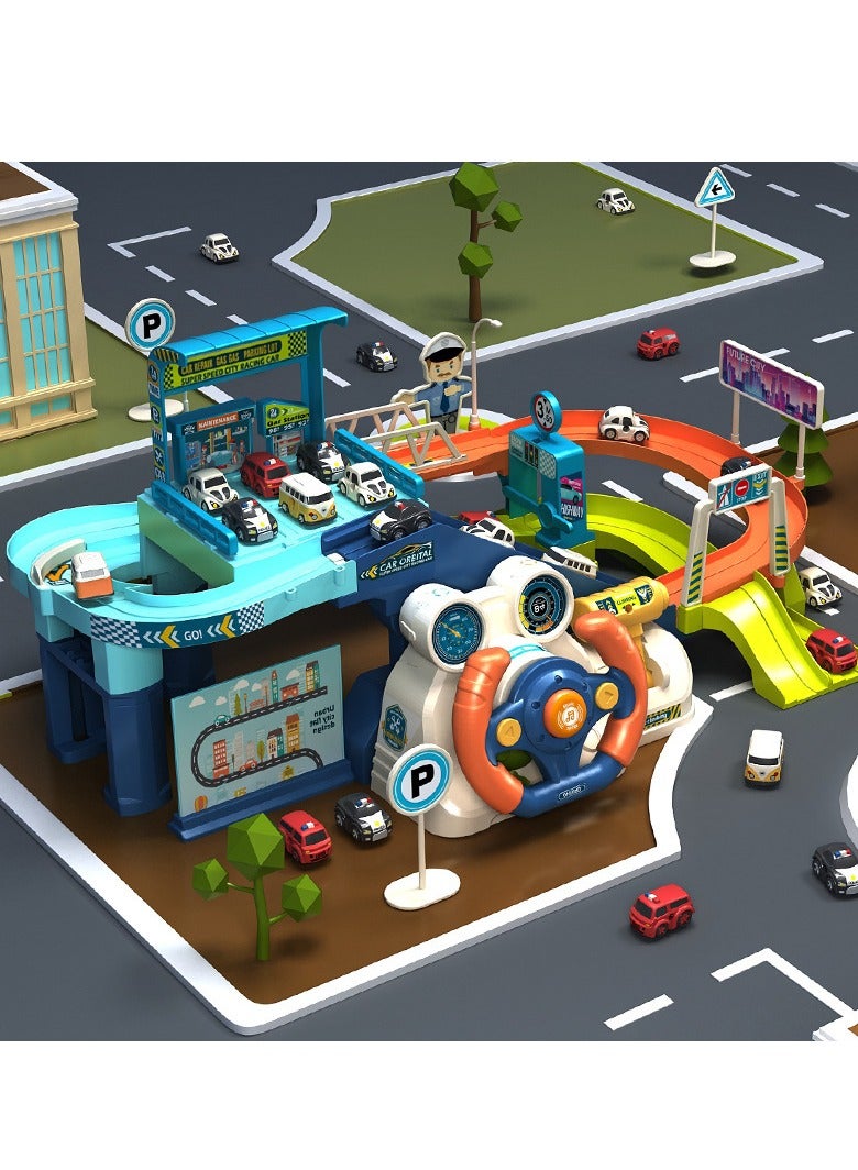 Electric Steering Wheel Garage Toy Set with Music Car Vehicle Building Parking Lot Race Tracks for Kids with 4 Random Cars