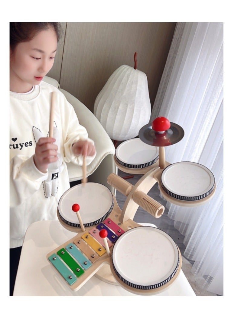 Wooden drum set, multi-functional release baby musical talent, cognitive educational enlightenment toys, wooden healthy color bright drum set