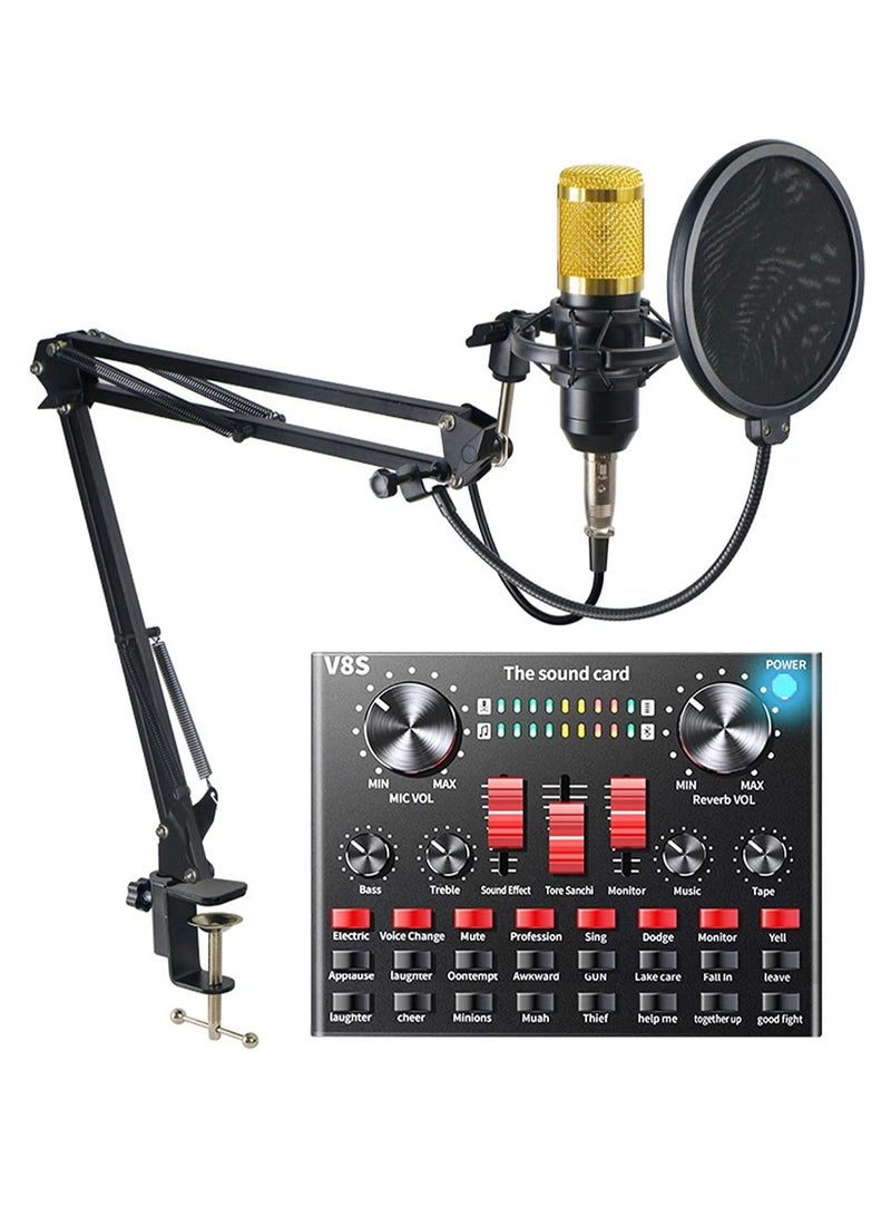 Professional Condenser Microphone With V8S Live Sound Card And Studio Recording Broadcasting Set Black/Gold