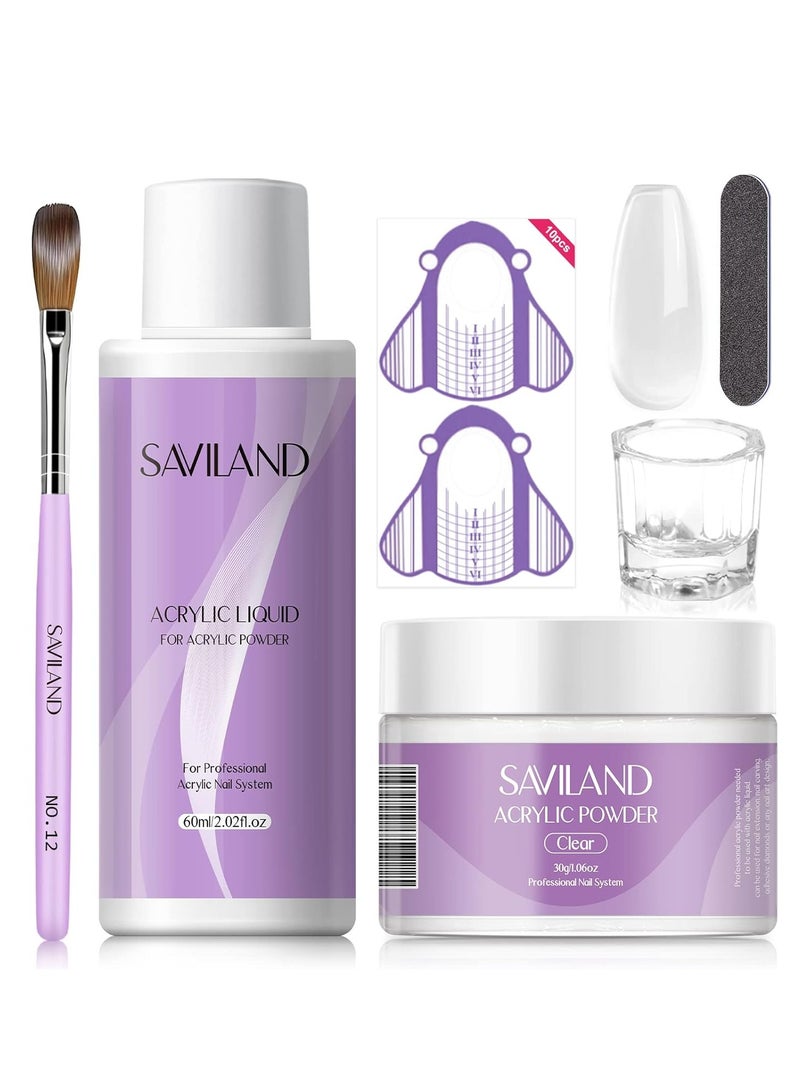 SAVILAND Acrylic Nail Kit – 30g Clear Acrylic Powder & 60ml Acrylic Liquid Set with Nail Brush Nail Forms Tools Extension Nail Kit for Beginners with Everything for Home DIY Salon Nails Application