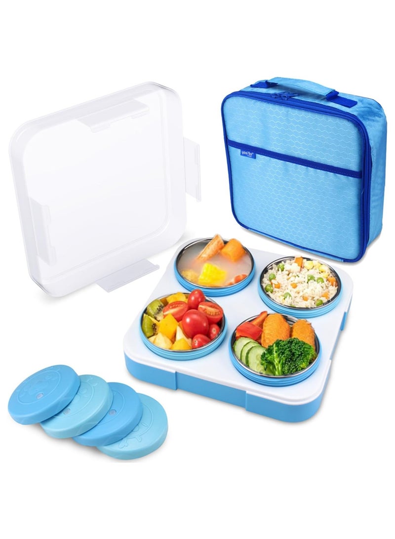 Stainless Steel Lunch Box for Kids Adults,Insulated Bento Lunch Box with Tableware & Bag,880ML 4 Compartment Divided Lunch Containers with Lids,Leakproof | BPA Free | Dishwasher Safe（880ML,Blue）