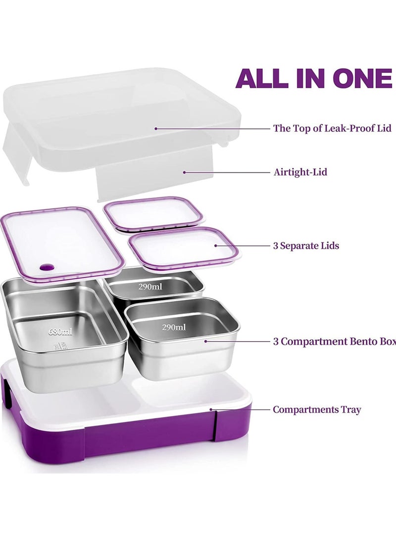 Stainless Steel Lunch Box for Kids Adults,Insulated Bento Lunch Box with Tableware & Bag,1260ML 3 Compartment Divided Lunch Containers with Lids,Leakproof | BPA Free | Dishwasher Safe（Purple）