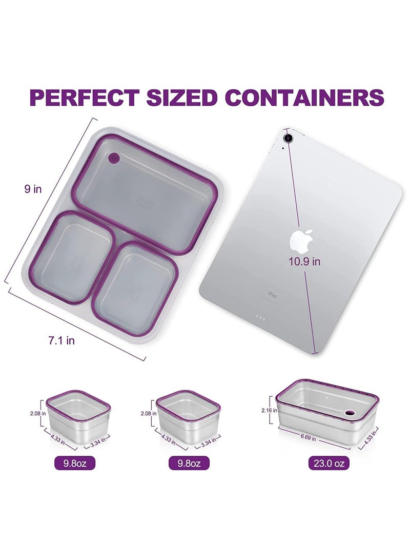 Stainless Steel Lunch Box for Kids Adults,Insulated Bento Lunch Box with Tableware & Bag,1260ML 3 Compartment Divided Lunch Containers with Lids,Leakproof | BPA Free | Dishwasher Safe（Purple）