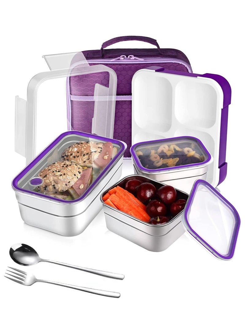 Stainless Steel Lunch Box for Kids Adults,Insulated Bento Lunch Box with Tableware & Bag,1260ML 3 Compartment Divided Lunch Containers with Lids,Leakproof | BPA Free | Dishwasher Safe（Purple）