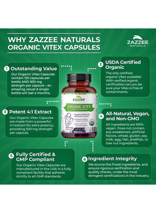 USDA Organic Vitex, 500 mg Strength, 120 Vegan Capsules, 4 Month Supply, Standardized and Concentrated 4X Extract, Whole USDA Certified Organic Chaste Berry, All-Natural and Non-GMO