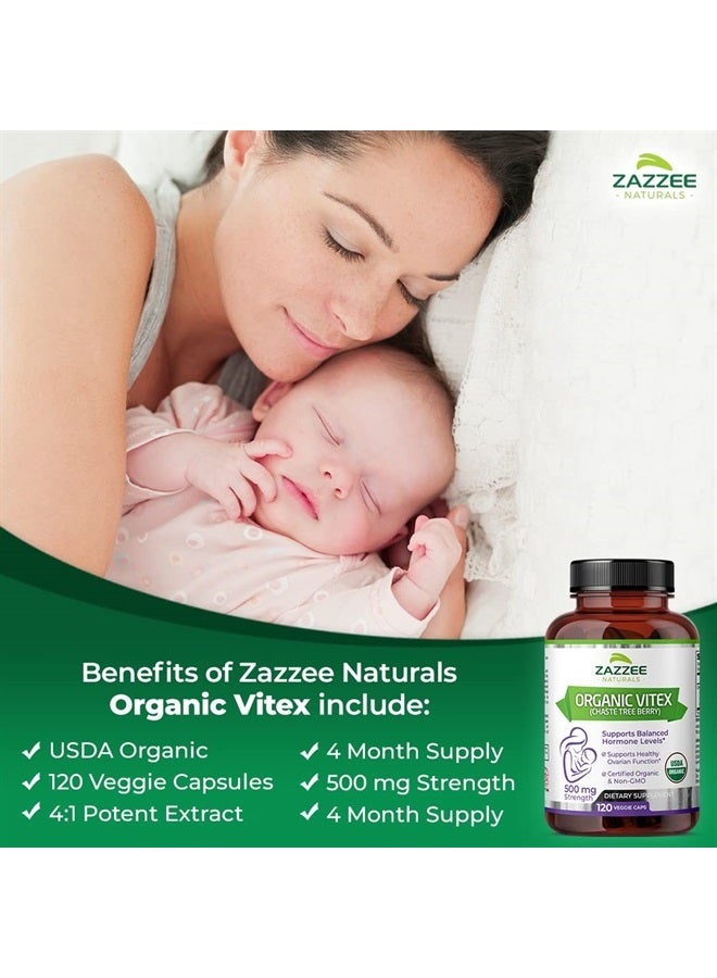 USDA Organic Vitex, 500 mg Strength, 120 Vegan Capsules, 4 Month Supply, Standardized and Concentrated 4X Extract, Whole USDA Certified Organic Chaste Berry, All-Natural and Non-GMO