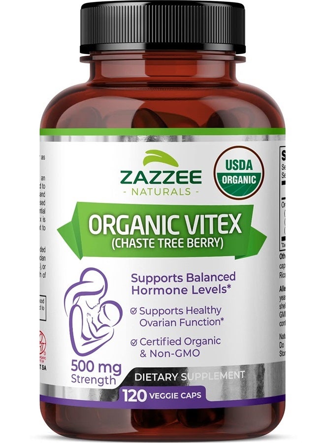 USDA Organic Vitex, 500 mg Strength, 120 Vegan Capsules, 4 Month Supply, Standardized and Concentrated 4X Extract, Whole USDA Certified Organic Chaste Berry, All-Natural and Non-GMO