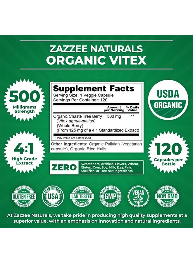 USDA Organic Vitex, 500 mg Strength, 120 Vegan Capsules, 4 Month Supply, Standardized and Concentrated 4X Extract, Whole USDA Certified Organic Chaste Berry, All-Natural and Non-GMO
