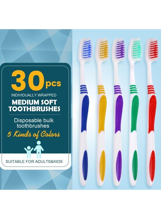 30 PCS Individually Wrapped Bulk Toothbrushes, Colorful Manual Disposable Travel Toothbrush Set for Adult or Kid, Ergonomics Handle, Medium Soft Bristles, Perfect for Travel, Hotels, Donations