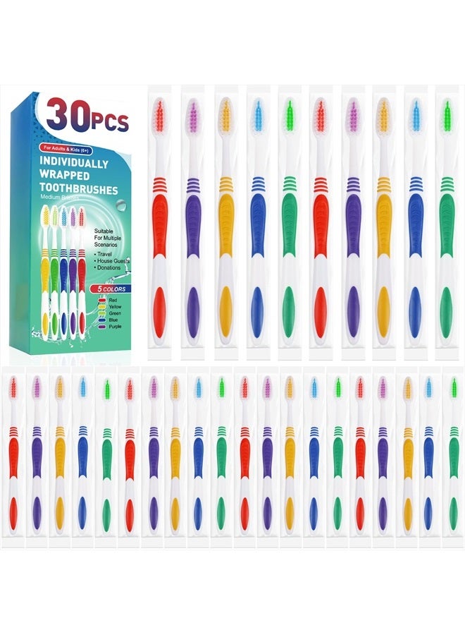30 PCS Individually Wrapped Bulk Toothbrushes, Colorful Manual Disposable Travel Toothbrush Set for Adult or Kid, Ergonomics Handle, Medium Soft Bristles, Perfect for Travel, Hotels, Donations