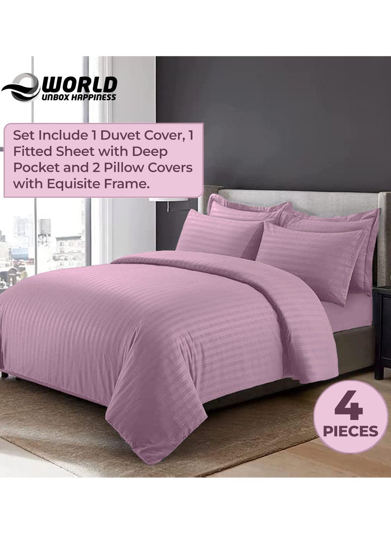 4-Piece Luxury King Size Pink Striped Bedding Set Includes 1 Duvet Cover (220x240cm), 1 Fitted Bed Sheet (200x200+30cm), and 2 Pillow Cases (48x74+5cm) for Ultimate Hotel-Inspired Sophistication