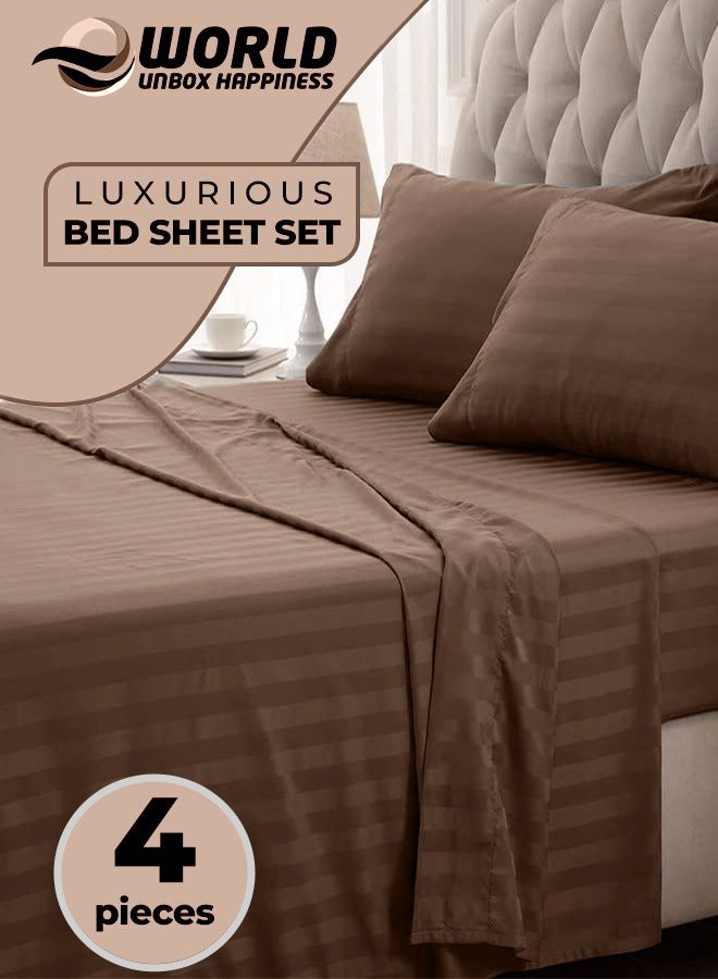 4-Piece Luxury King Size Brown Striped Bedding Set Includes 1 Duvet Cover (220x240cm), 1 Fitted Bed Sheet (200x200+30cm), and 2 Pillow Cases (48x74+5cm) for Ultimate Hotel-Inspired Sophistication