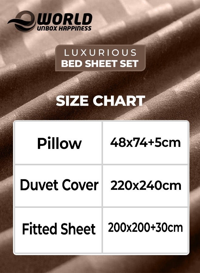 4-Piece Luxury King Size Brown Striped Bedding Set Includes 1 Duvet Cover (220x240cm), 1 Fitted Bed Sheet (200x200+30cm), and 2 Pillow Cases (48x74+5cm) for Ultimate Hotel-Inspired Sophistication