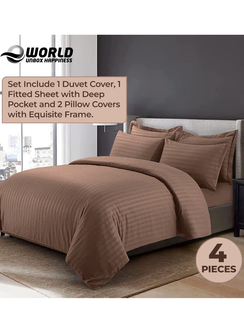 4-Piece Luxury King Size Brown Striped Bedding Set Includes 1 Duvet Cover (220x240cm), 1 Fitted Bed Sheet (200x200+30cm), and 2 Pillow Cases (48x74+5cm) for Ultimate Hotel-Inspired Sophistication