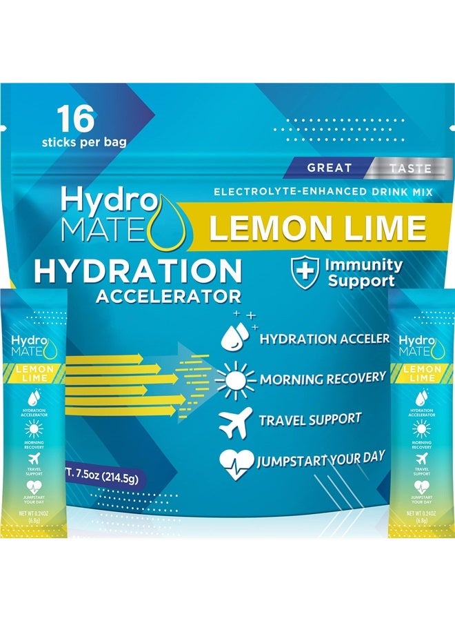 HydroMATE Electrolytes Powder Packets Hydration Accelerator Drink Mix Rapid Party Relief Vitamin C Lemon Lime 16 Sticks