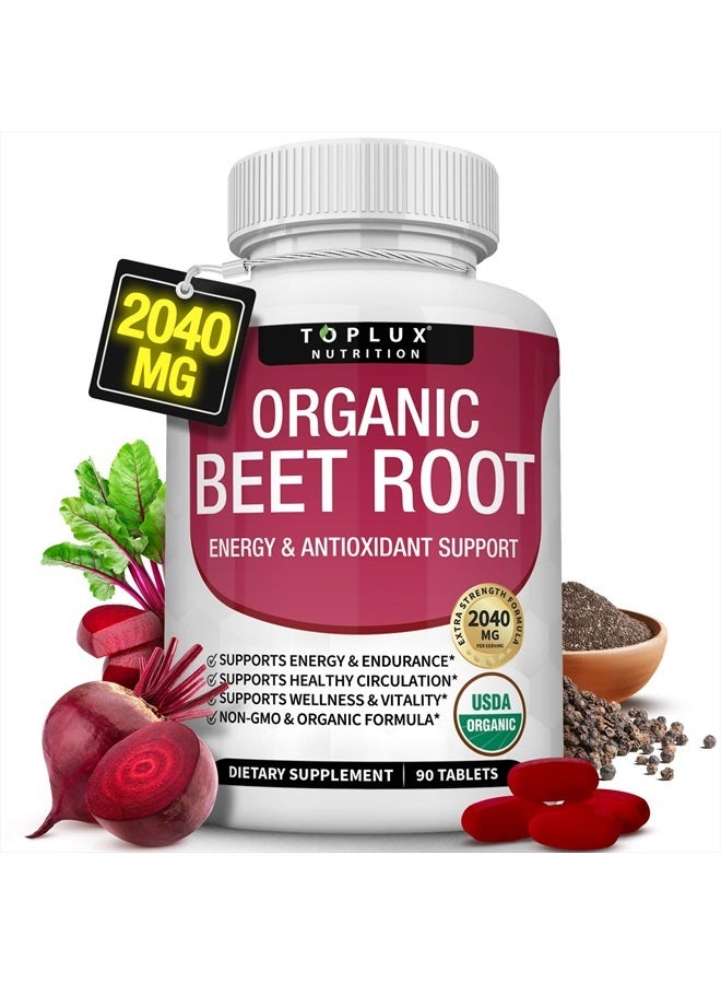 Organic Beet Root Powder Tablets - 2040mg Natural Nitric Oxide Beets to Support, Energy, Black Pepper Better Absorption, Non-GMO, for Men Women, 90 Tablets