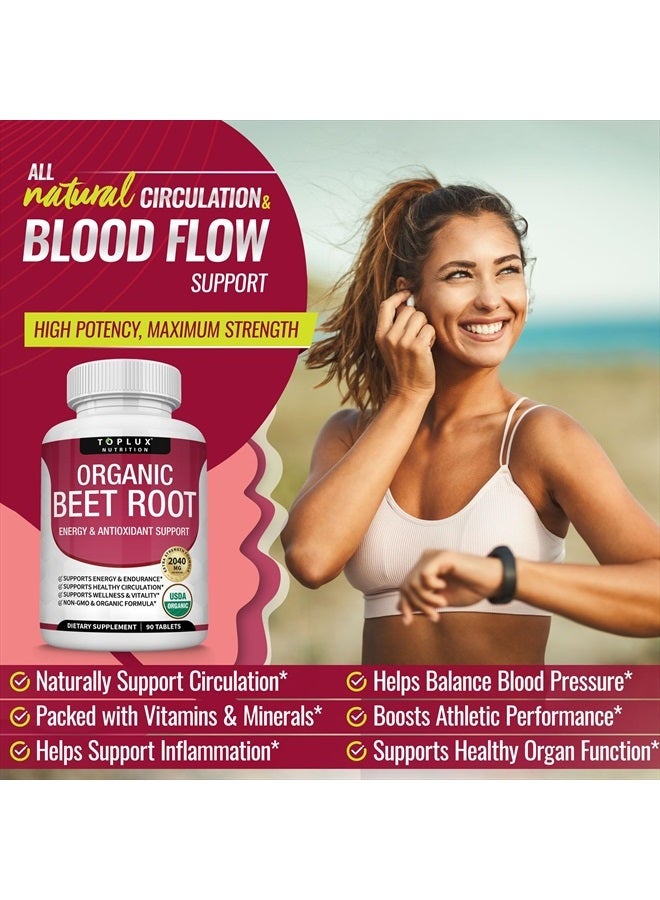 Organic Beet Root Powder Tablets - 2040mg Natural Nitric Oxide Beets to Support, Energy, Black Pepper Better Absorption, Non-GMO, for Men Women, 90 Tablets
