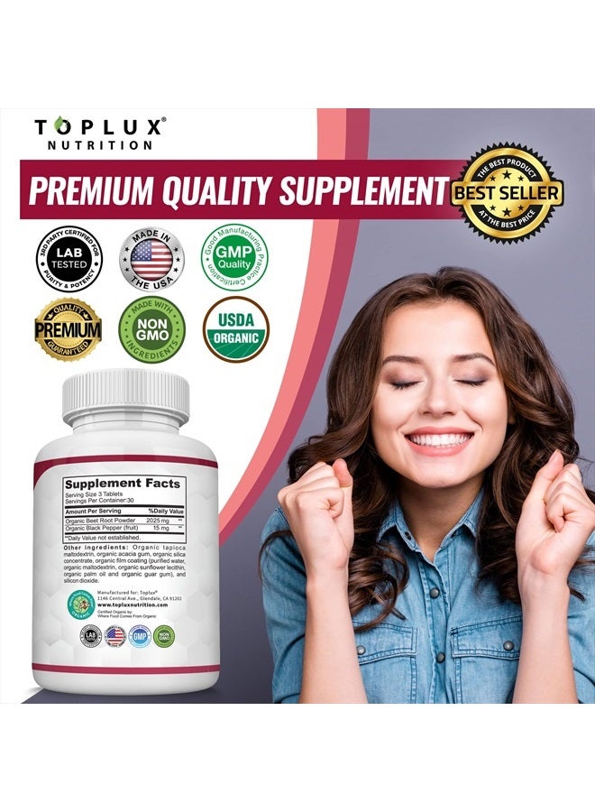 Organic Beet Root Powder Tablets - 2040mg Natural Nitric Oxide Beets to Support, Energy, Black Pepper Better Absorption, Non-GMO, for Men Women, 90 Tablets