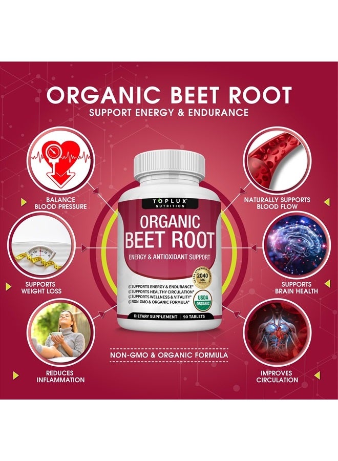 Organic Beet Root Powder Tablets - 2040mg Natural Nitric Oxide Beets to Support, Energy, Black Pepper Better Absorption, Non-GMO, for Men Women, 90 Tablets