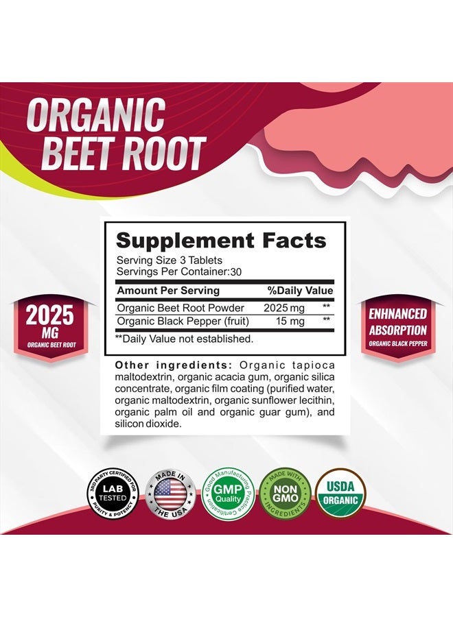 Organic Beet Root Powder Tablets - 2040mg Natural Nitric Oxide Beets to Support, Energy, Black Pepper Better Absorption, Non-GMO, for Men Women, 90 Tablets