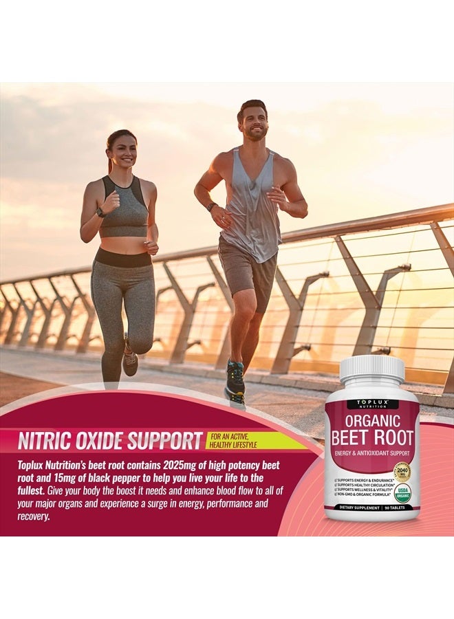 Organic Beet Root Powder Tablets - 2040mg Natural Nitric Oxide Beets to Support, Energy, Black Pepper Better Absorption, Non-GMO, for Men Women, 90 Tablets