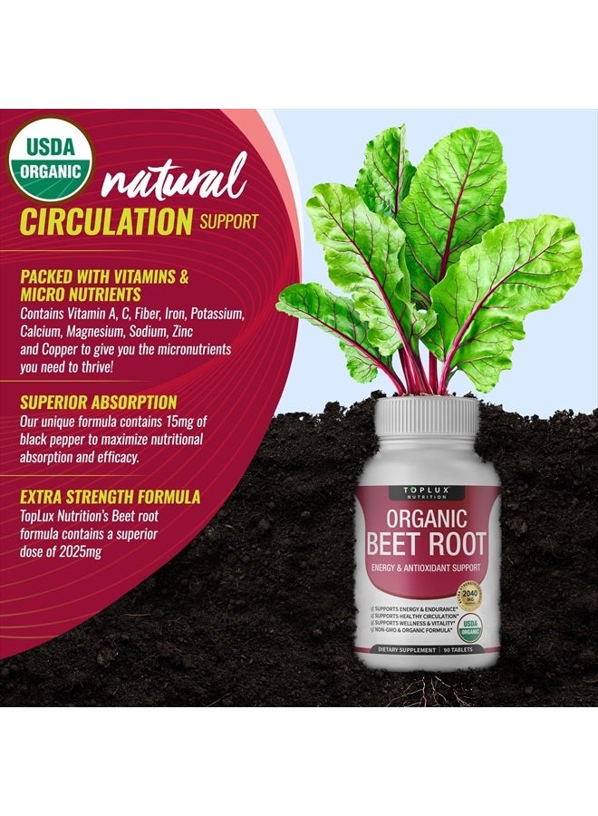 Organic Beet Root Powder Tablets - 2040mg Natural Nitric Oxide Beets to Support, Energy, Black Pepper Better Absorption, Non-GMO, for Men Women, 90 Tablets