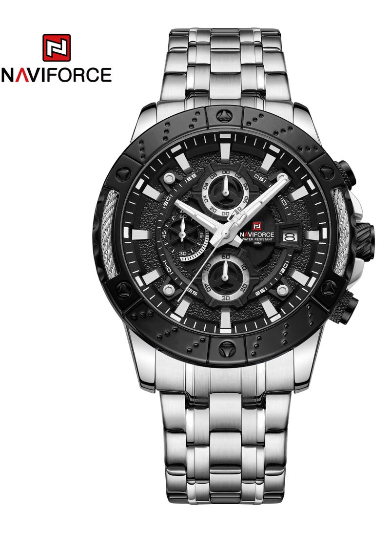 New Naviforce NF9227 Analog Stainless Steel Wrist Watch for Mens-Silver/Black, 47mm