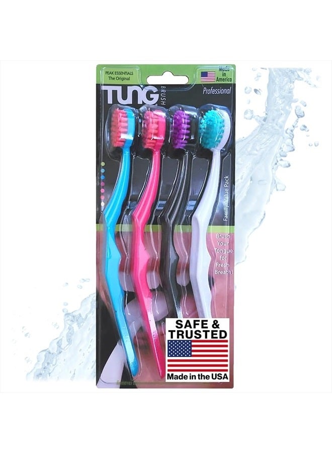 Tung Tongue Brush | Tongue Cleaner for Adults | Plastic Tongue Scraper | Tongue Scrubber | Bad Breath and Halitosis | Fight Bad Breath | Made in America (4 Count)