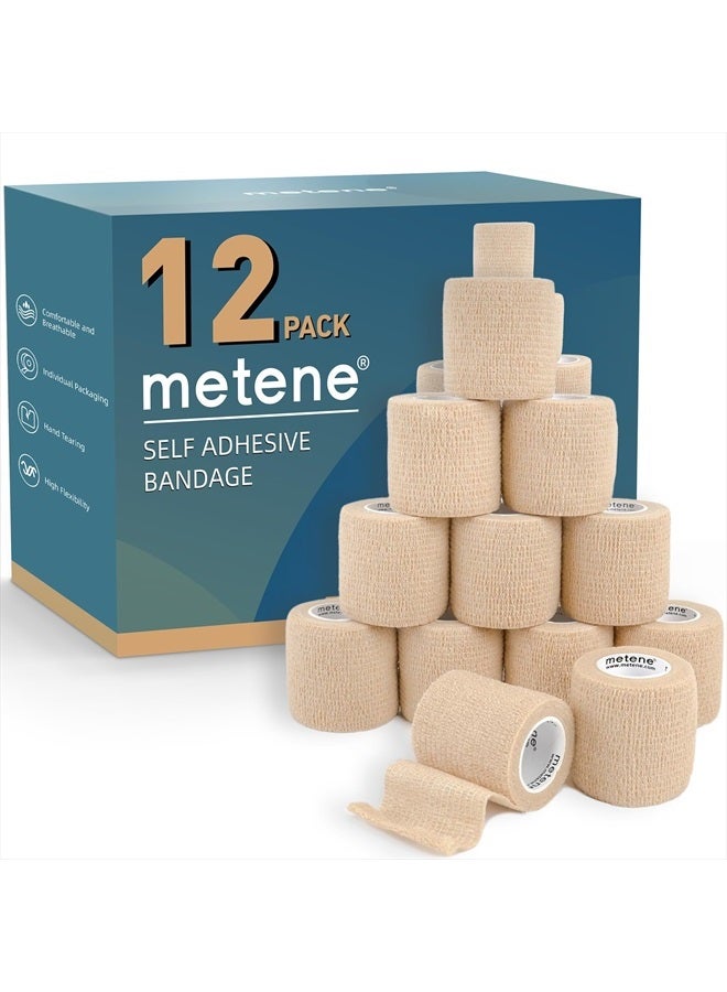 Self Adhesive Bandage Wrap 12 Pack, Athletic Tape 2 Inches X 5 Yards, Sports Tape, Breathable, Waterproof, Elastic Bandage for Sports, Wrist and Ankle Wrap Tape, Non-Woven Bandage(Beige)
