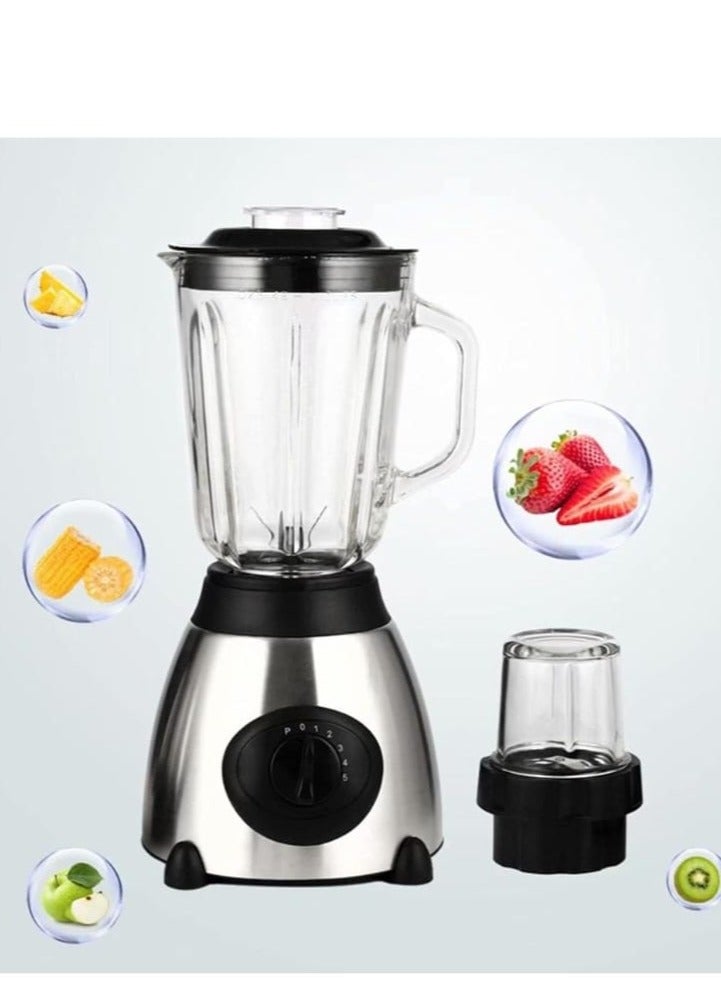 2 in 1 Multi-functional Blender with Powerful Motor and Stainless Steel Blade, 5 Speed Countertop Blender Mixer with Safety Lock System 400W 1.5 L Unbreakable Jar, Grinding Cup Kitchen Appliances