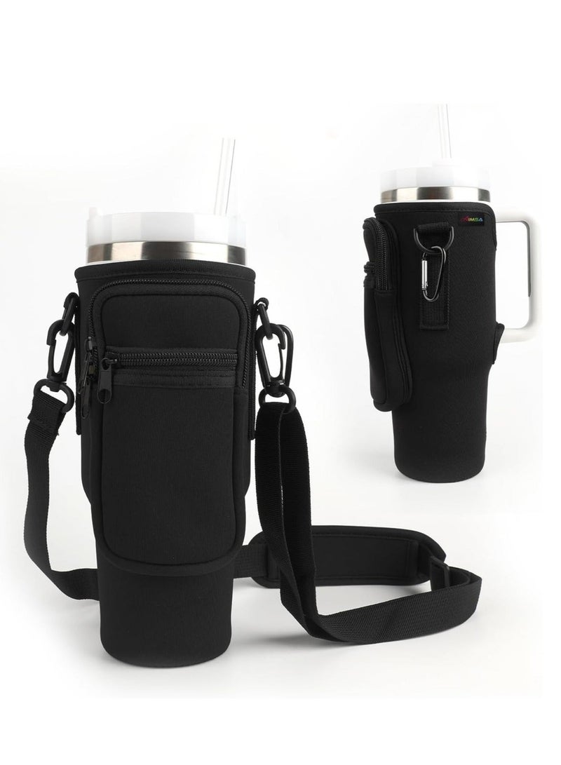 Water Bottle Carrier Bag for Stanley 40oz Tumbler, Water Bottle Holder with Pouch and Adjustable Strap, Sleeve Accessories with Pocket for 40oz Cup (Black)