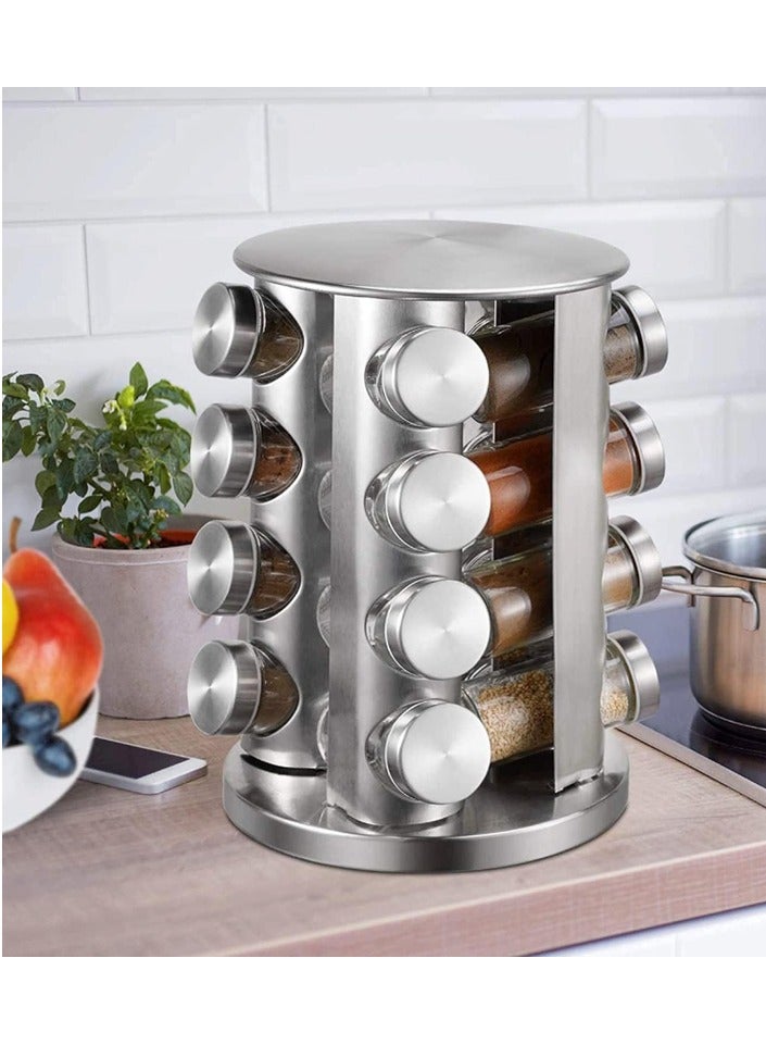 Revolving Spice Rack, Stainless Steel Spice Organizer with 16 Spice Jars, Standing Cabinet Seasoning Tower for Kitchen, Spice Containers Organizer Holder Set, Suitable for Countertop, Cabinet