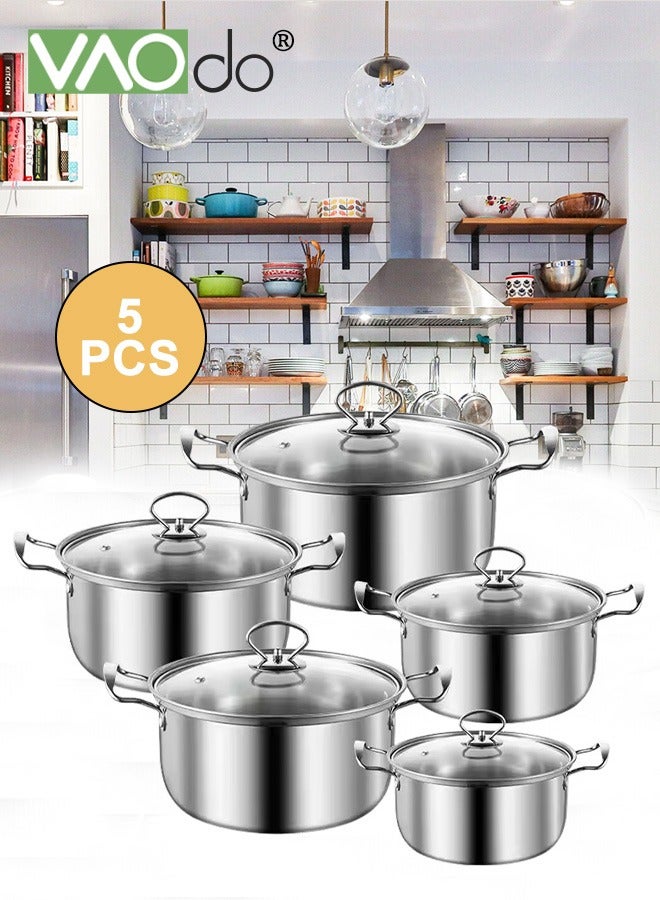 5 PCS Stainless Steel Cooking Pot Set  with Tempered Glass Lid and Double Handles Compatible with Induction Electric Gas Cooktops Cookware Set