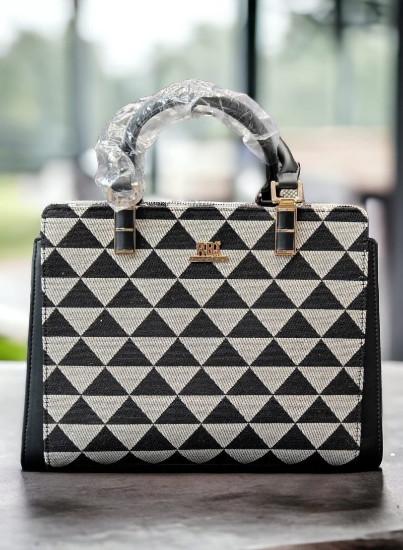 RB Women's Black and White Checkered Handbag with Shoulder Strap