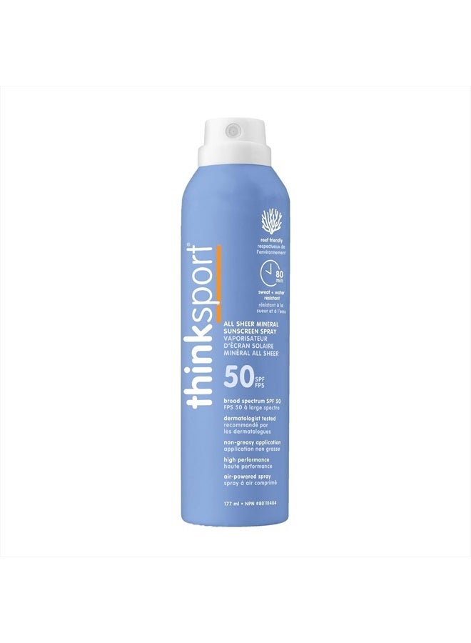SPF 50 All Sheer Mineral Sunscreen Spray – Waterproof Sport Sunscreen Lotion – Safe, Natural Zinc Oxide UVA/UVB Sun Protection, 6 Fl oz
