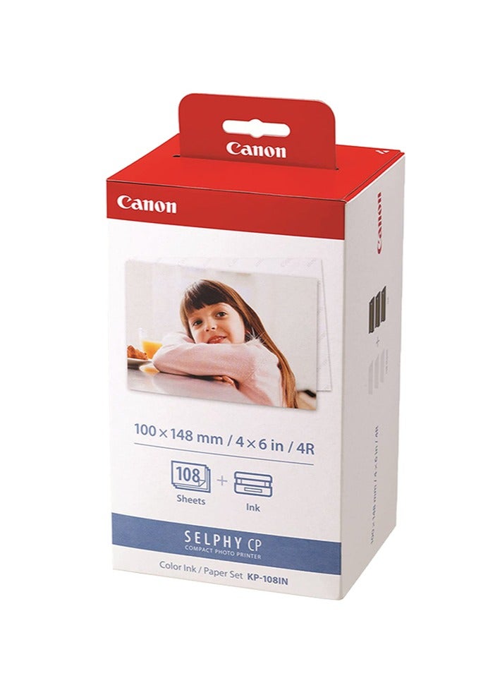 Canon KP-108IN Color Ink Paper Set for Canon Selphy CP910/CP810 Photo Printer, 108 Sheets, White