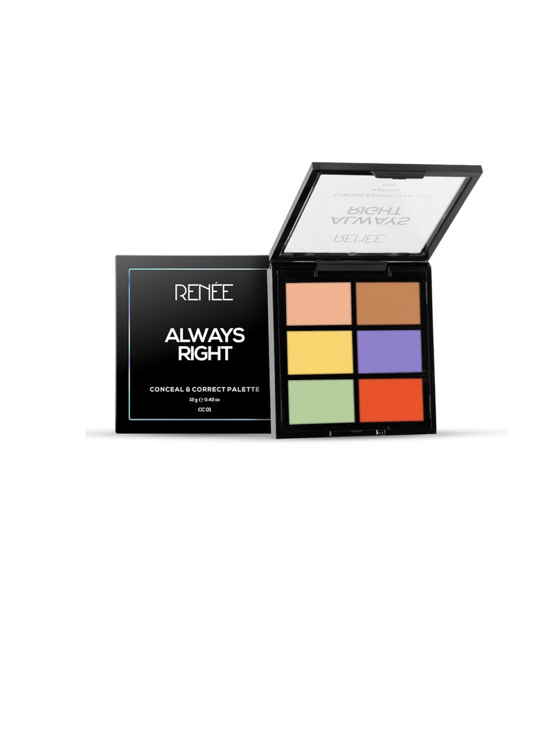 Renee Always Right Conceal  and Correct Palette 12gm  Lightweight Smooth Texture  Blurs Blemishes  Scars and Pigmentation   Evens Out Skin Tone Seamlessly With High Coverage and Blendable Formula