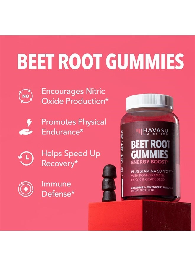 Beet Root Gummies with COQ10 Energy Supplement | Nitric Oxide Supplement for Healthy Energy & Performance Support with Pomegranate Extract | Beet Root Supplements | Mixed Berry | 60 Vegan Gummies