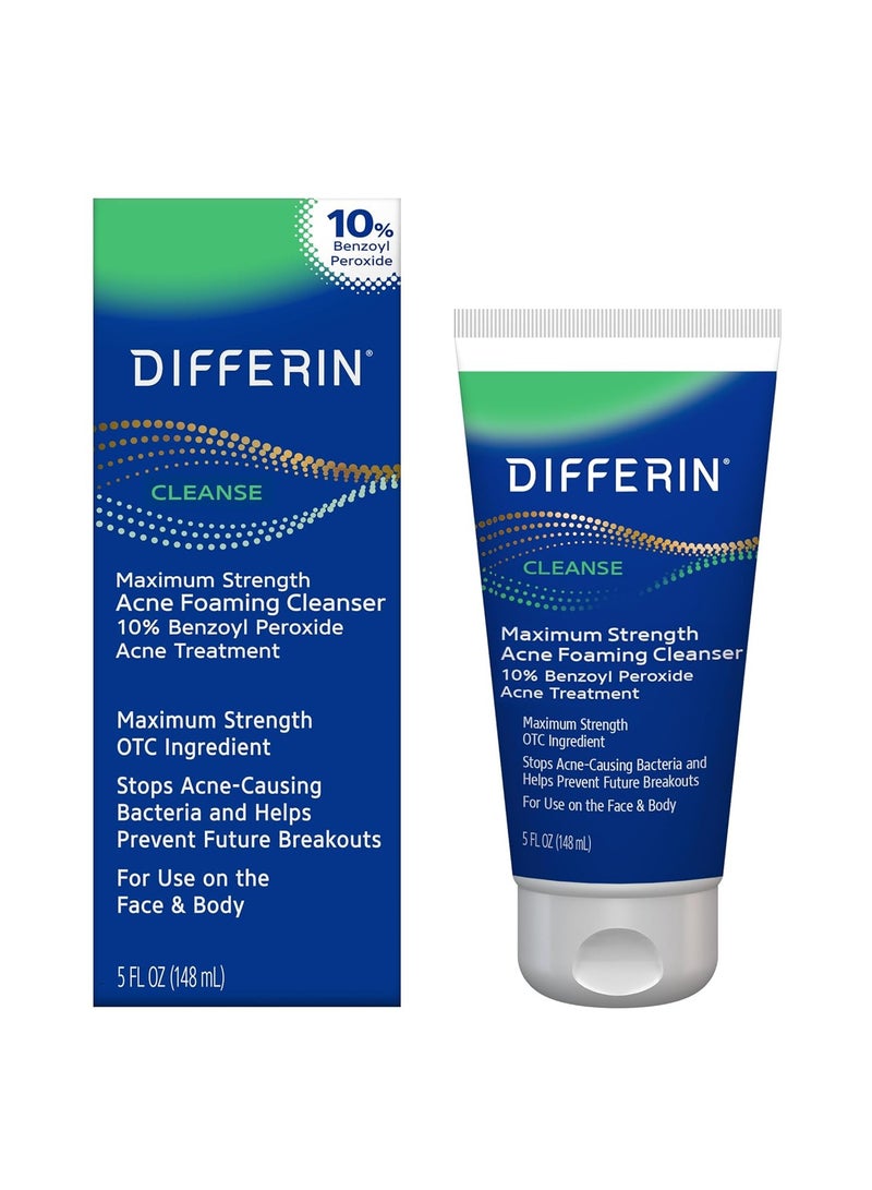 Differin Acne Face Wash with 10% Benzoyl Peroxide, Maximum Strength OTC Acne Foaming Cleanser, Fast Acting Acne Treatment for Face and Body, 5 oz.