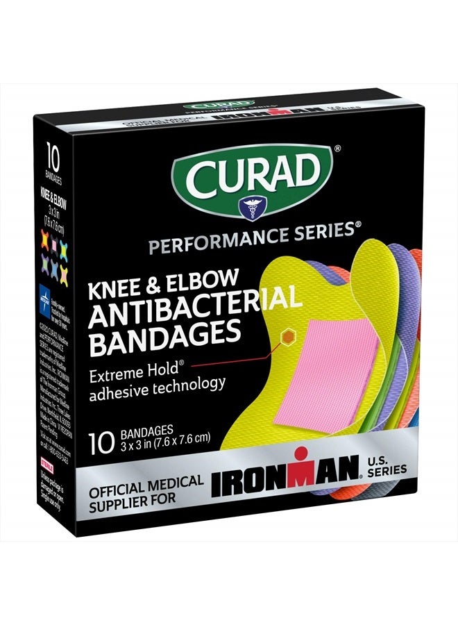 CURAD Performance Series IRONMAN Antibacterial Bandages, Extreme Hold Adhesive Technology, Knee & Elbow 3 inches x 3 inches, 10 Count, Ideal for Cuts, Scrapes, Sports, and Active Lifestyles